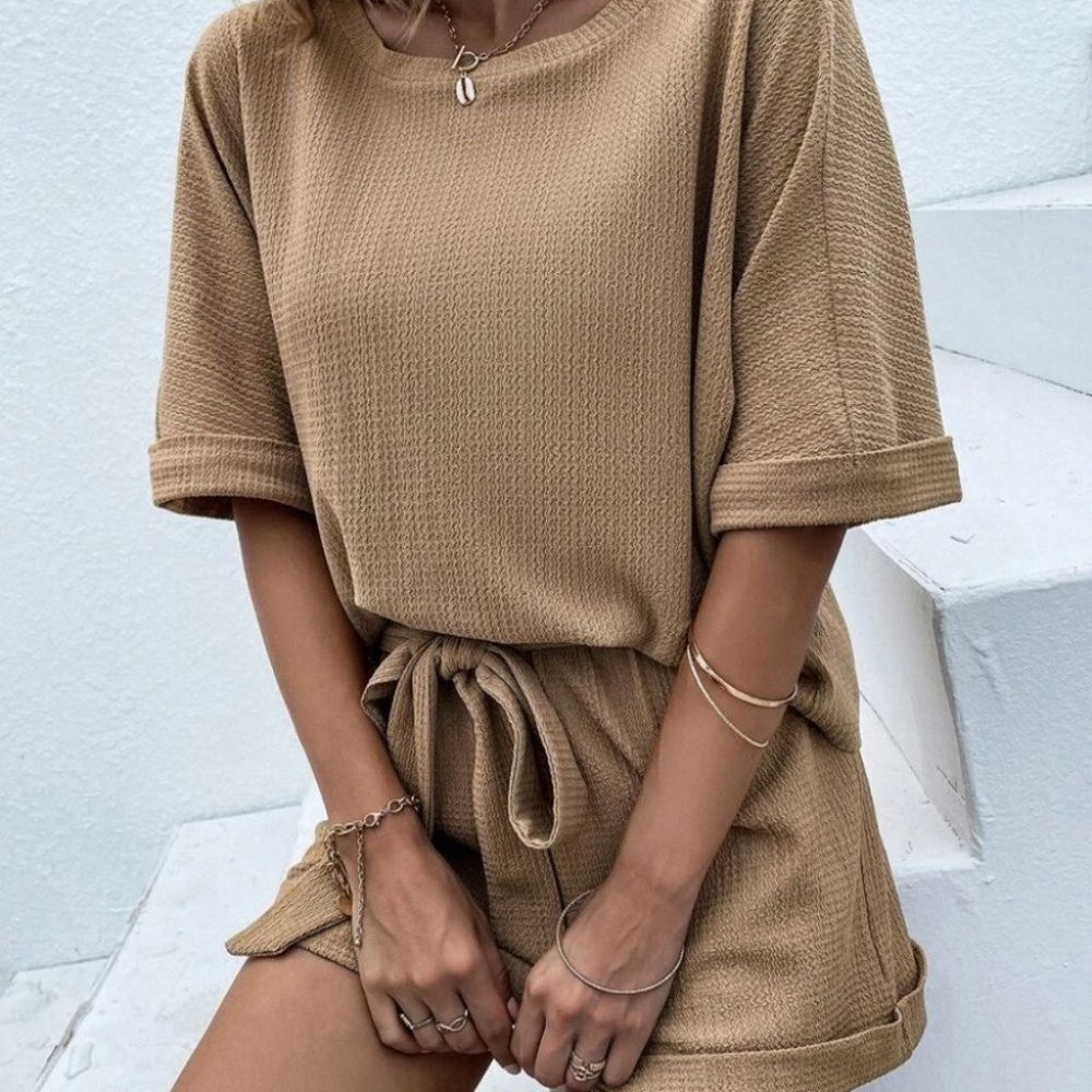 Khaki Casual comfy Batwing Sleeve Tee & Knot Front Shorts - Picture 6 of 8